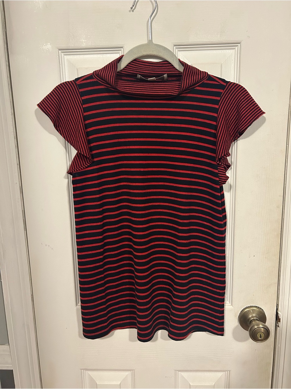 LOFT Red and Black Striped Short Sleeve Top
